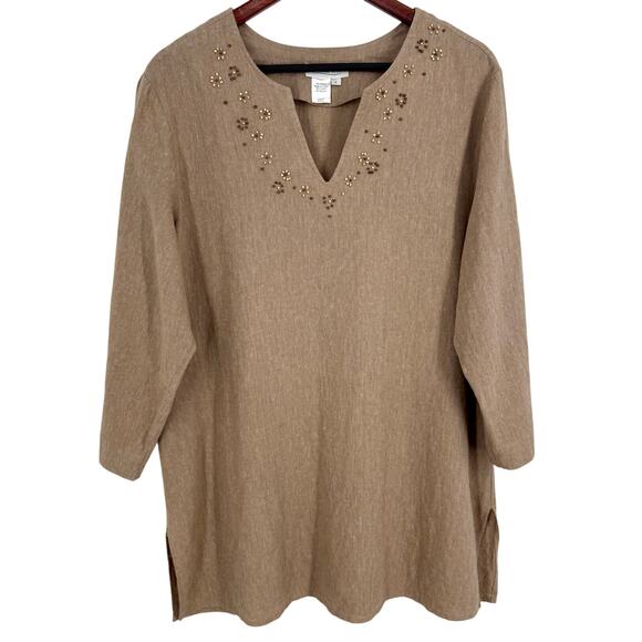 Coldwater Creek Tops - Coldwater Creek Sz Large LINEN BLEND Beaded Tropical Beach Blouse Shirt Top